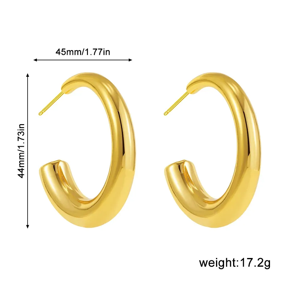 New Retro Stainless Steel Chunky C Shape Hoop Earrings Glossy Gold Plated PVD Circle Round Tube Huggie Hoops Stacked Ear Jewelry