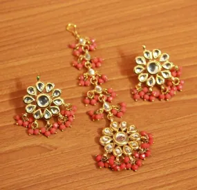 Orange Crystal Kundan Meenakari Earrings With Maang Tikka
