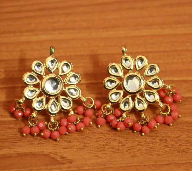 Orange Crystal Kundan Meenakari Earrings With Maang Tikka