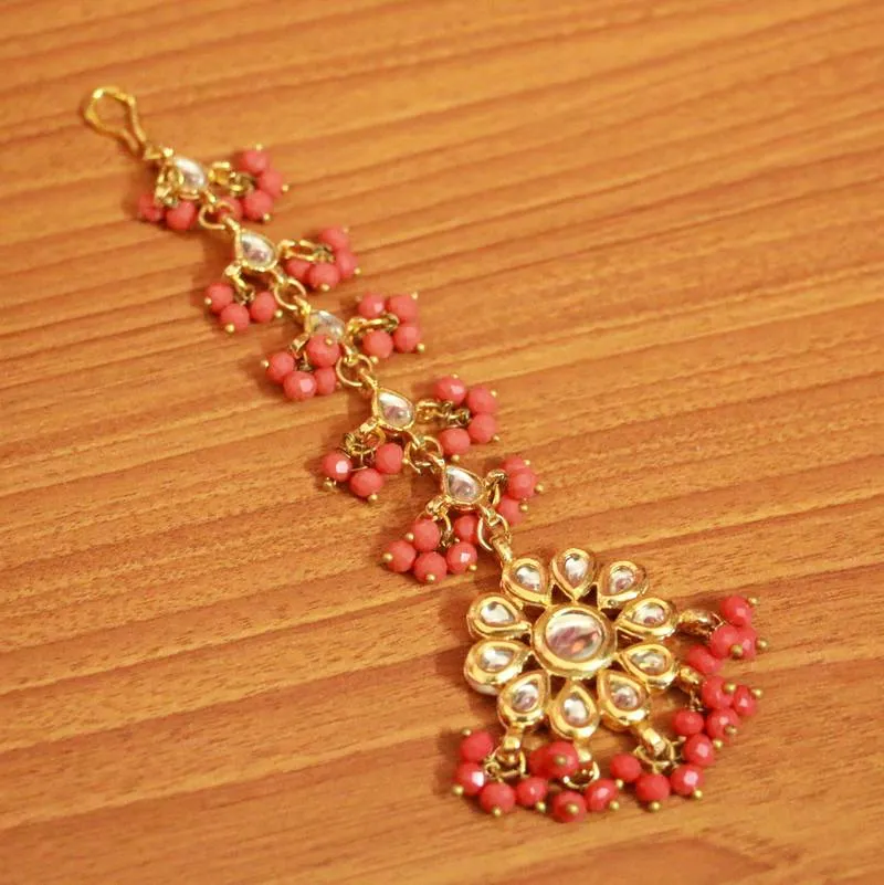 Orange Crystal Kundan Meenakari Earrings With Maang Tikka