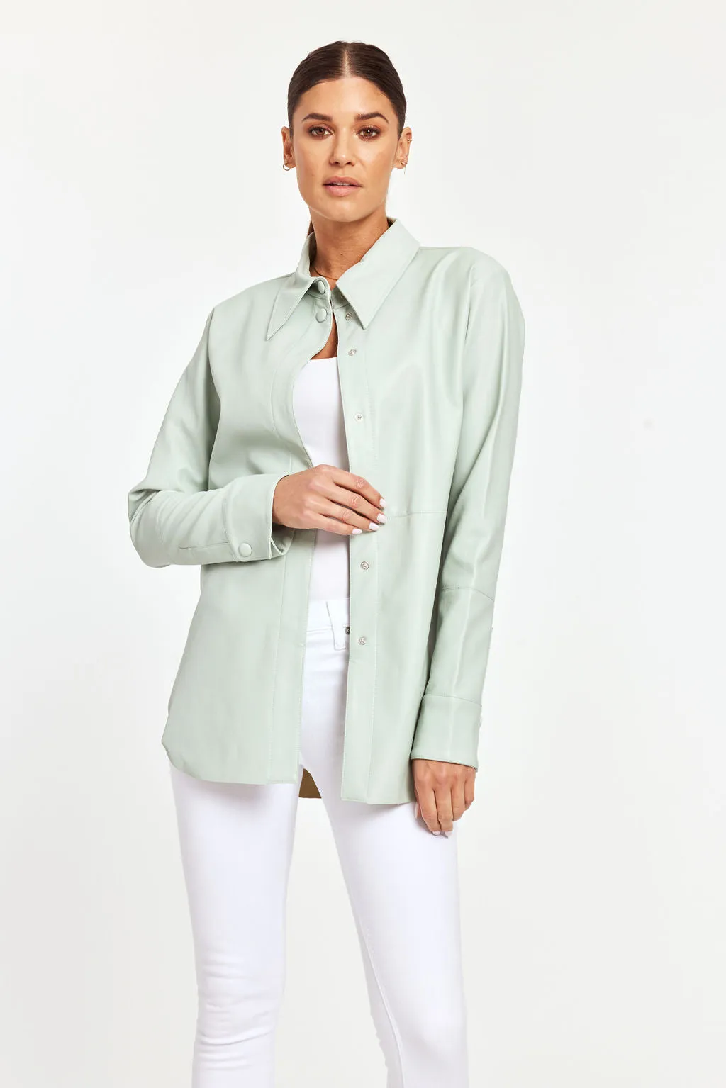 Pastel Faux Leather Button Up Shirt