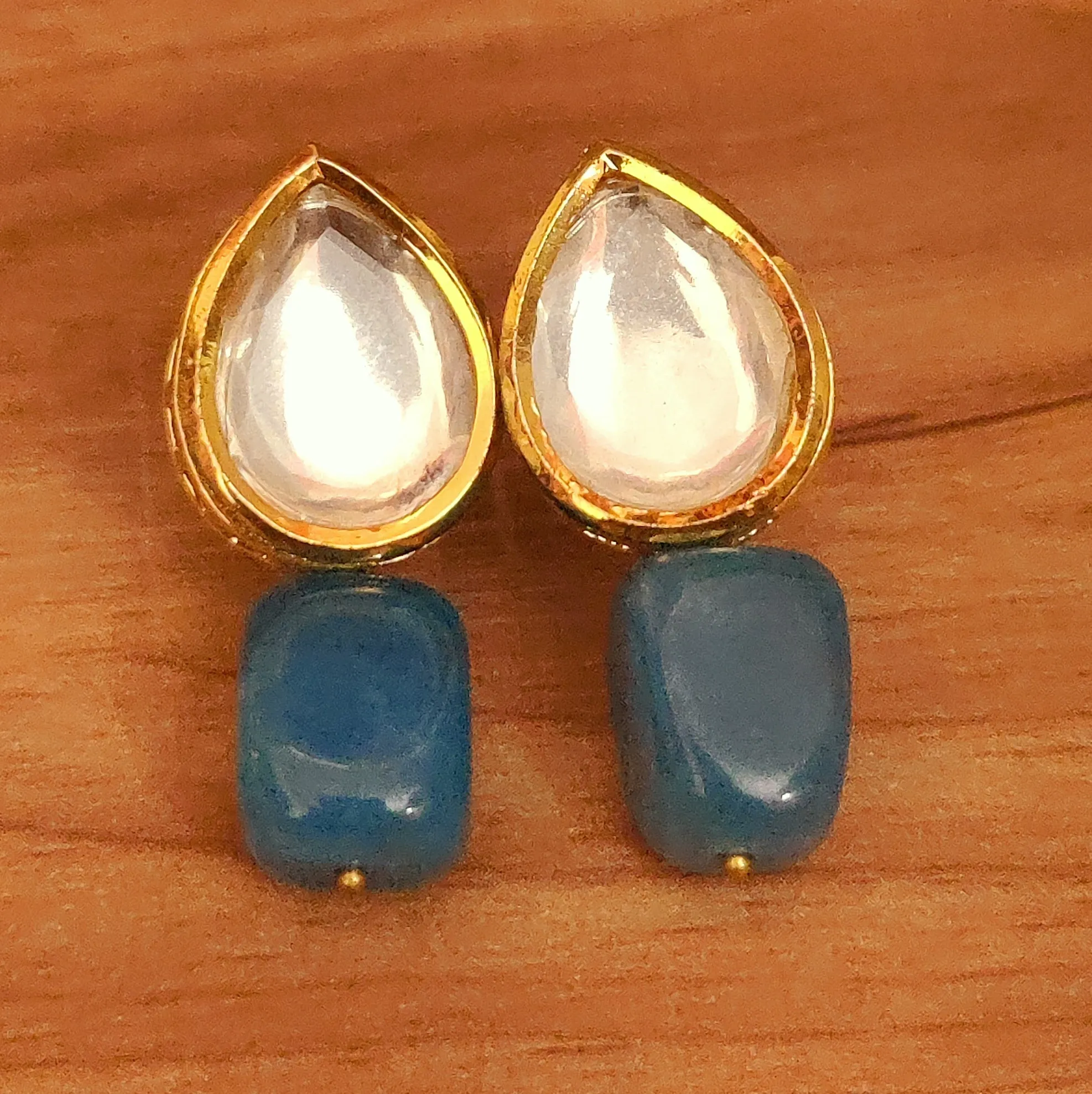 PEAR SHAPED KUNDAN LOOK BLUE ONYX STUDS