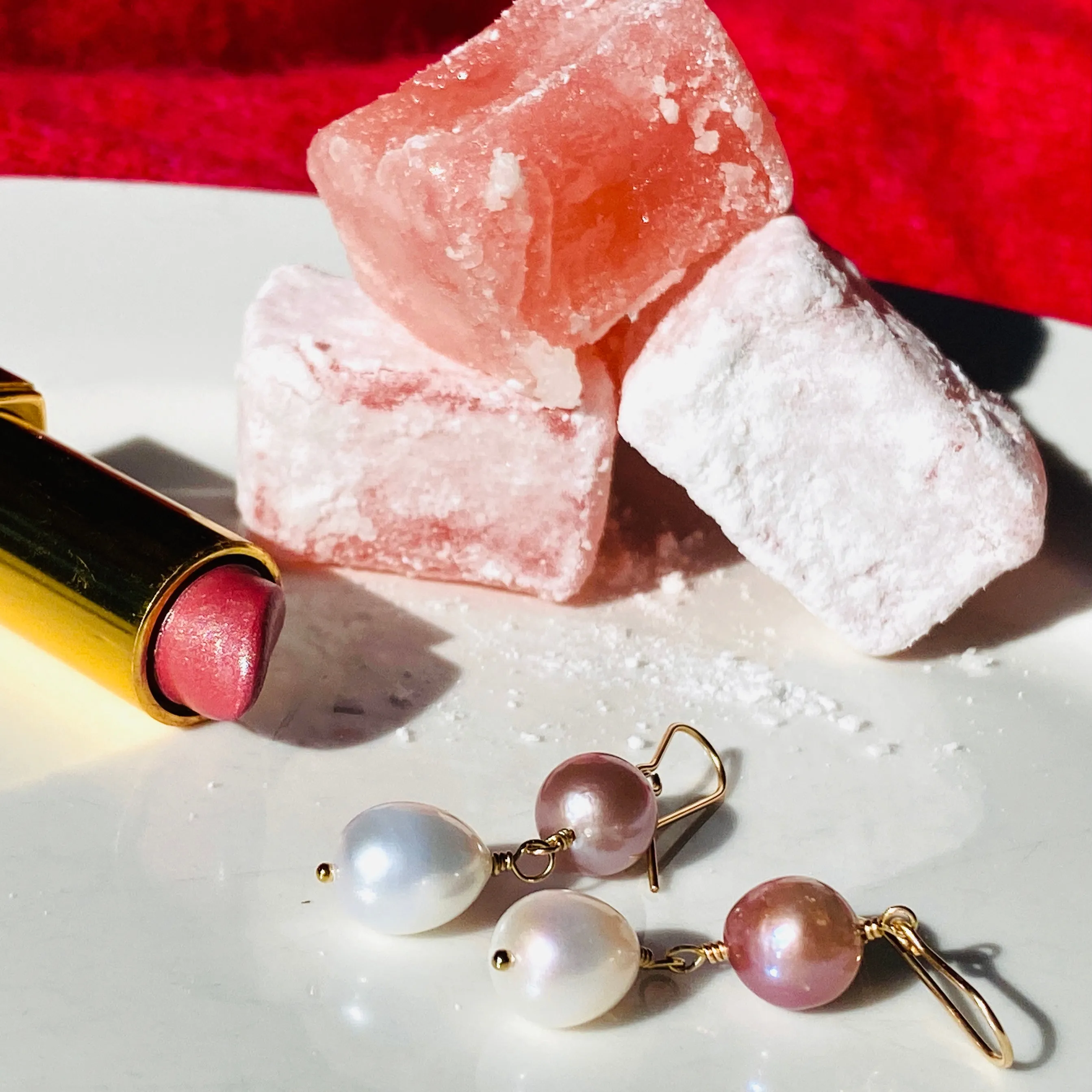 Pink Edison & White Baroque Pearl Double Drop Earrings