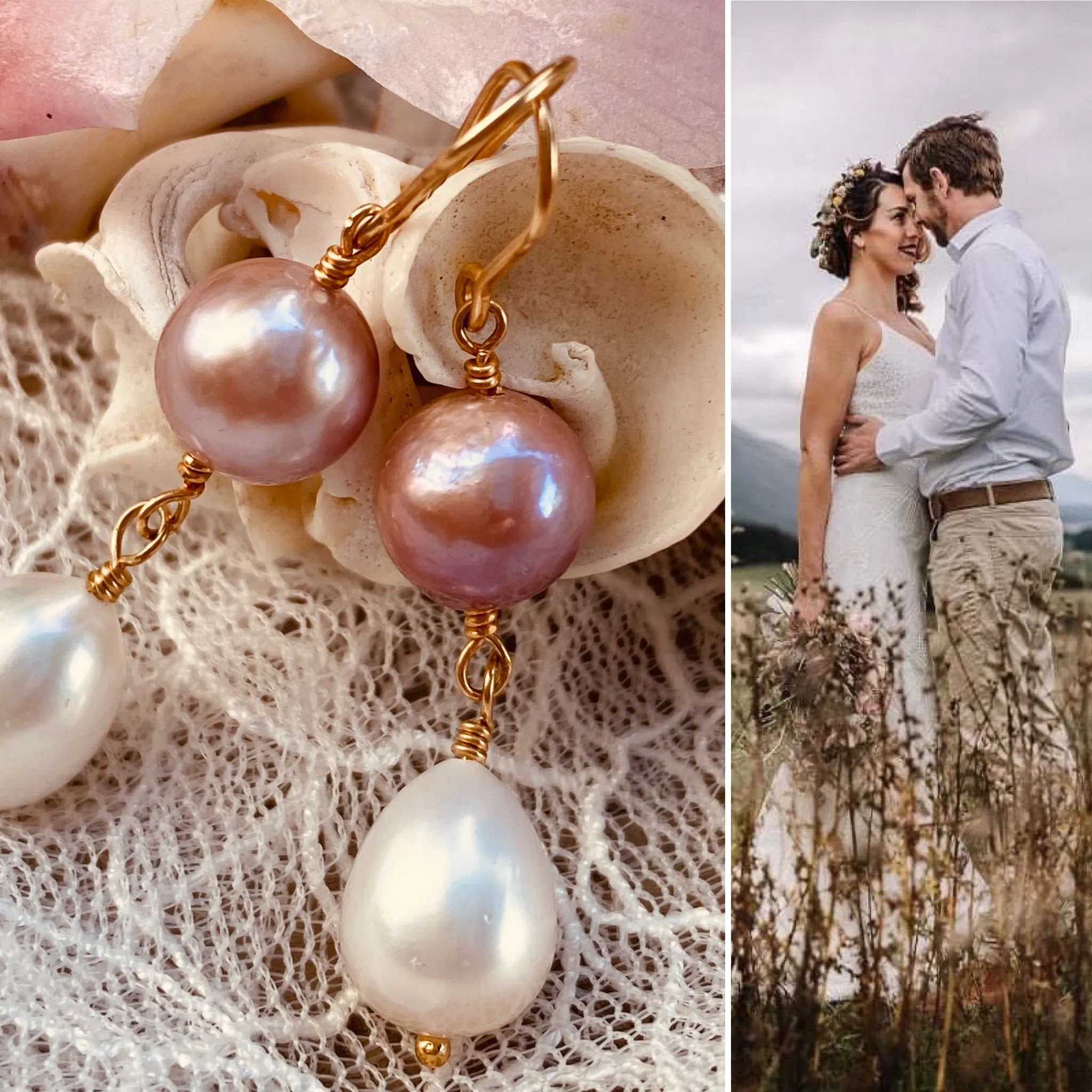 Pink Edison & White Baroque Pearl Double Drop Earrings