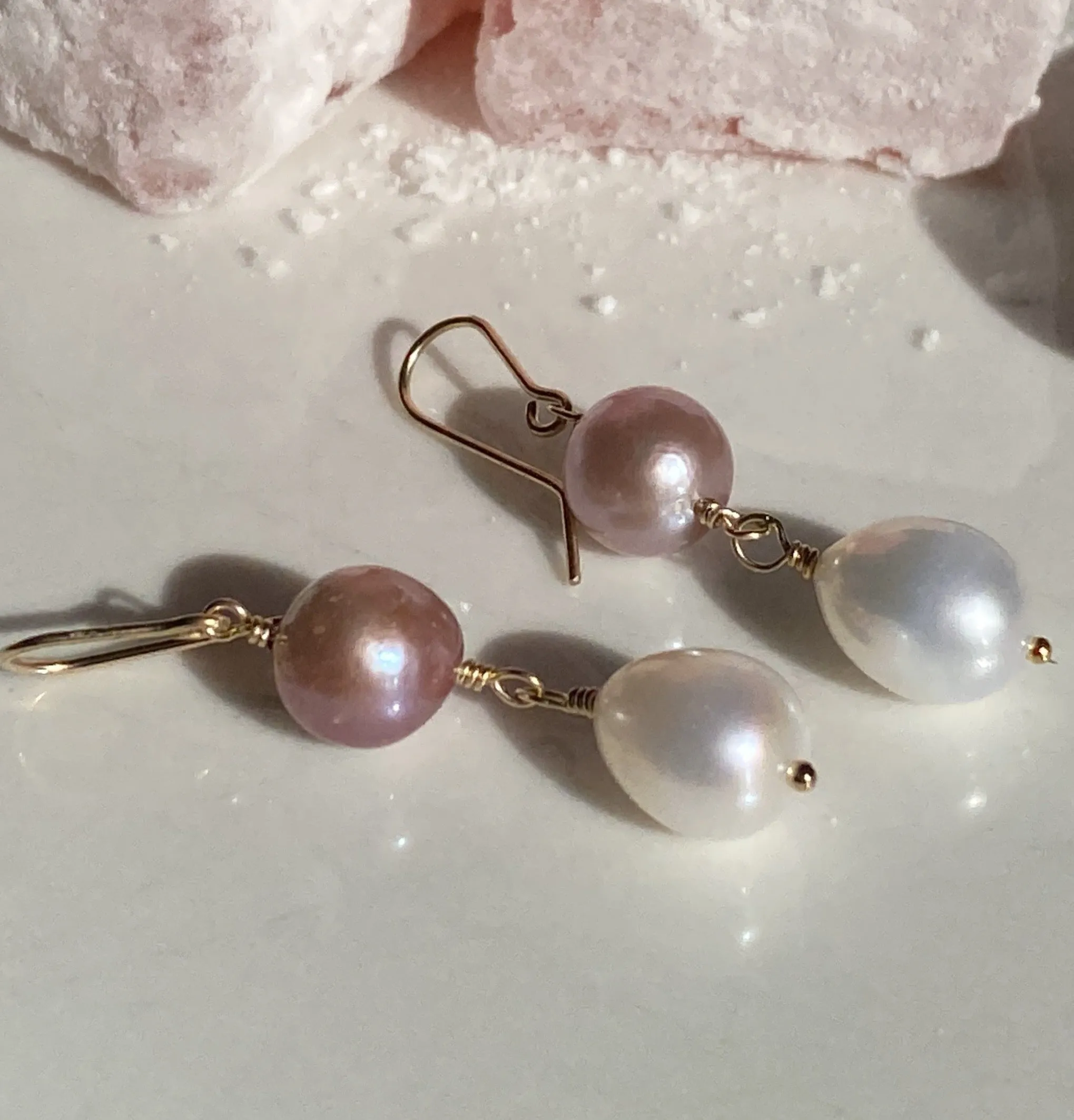 Pink Edison & White Baroque Pearl Double Drop Earrings