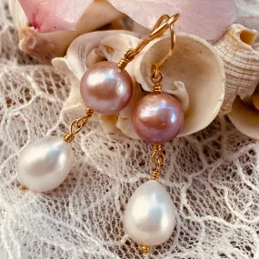 Pink Edison & White Baroque Pearl Double Drop Earrings