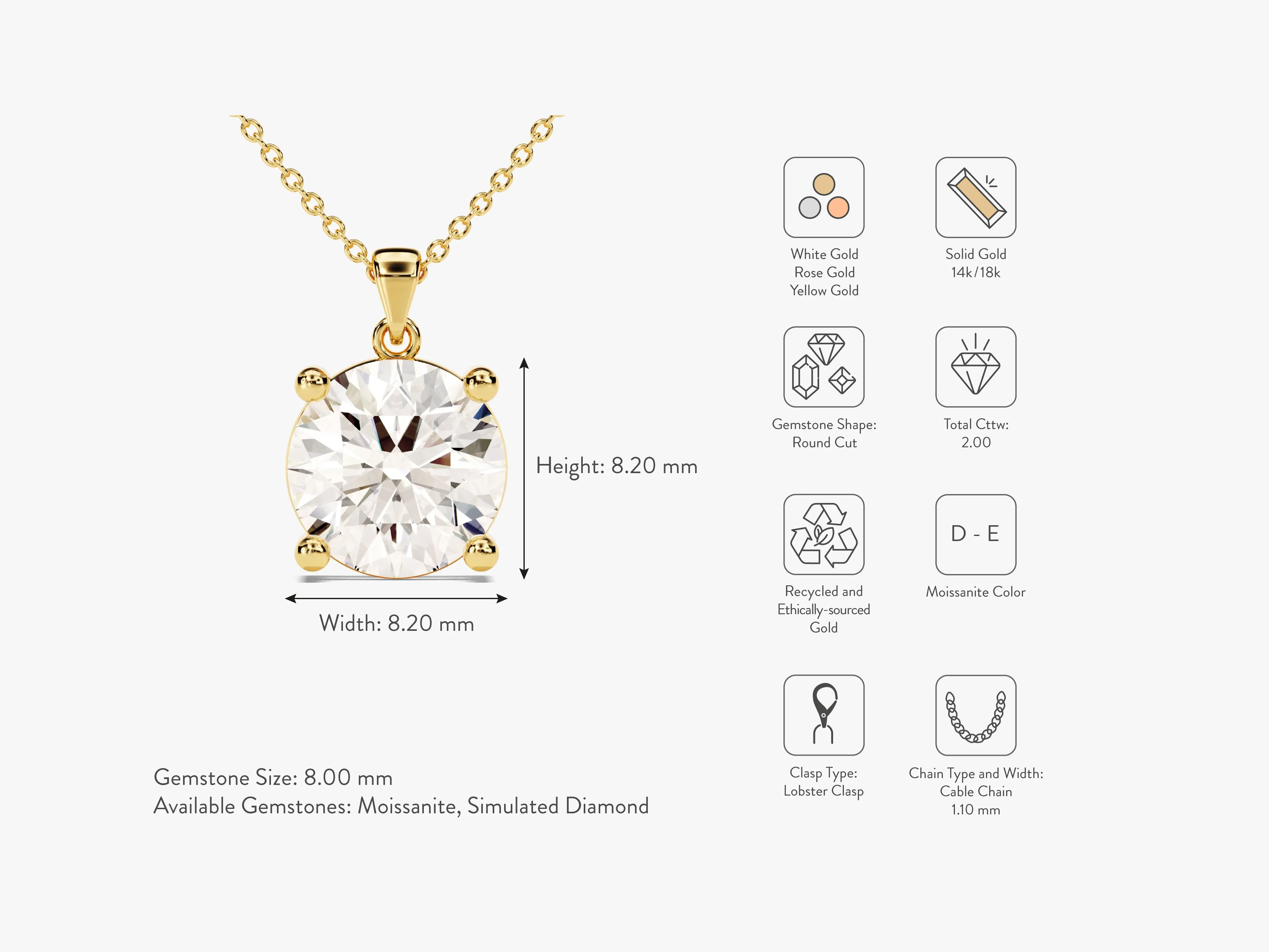 Prong Set Round Cut Moissanite Solitaire Pendant (2.00 CT)