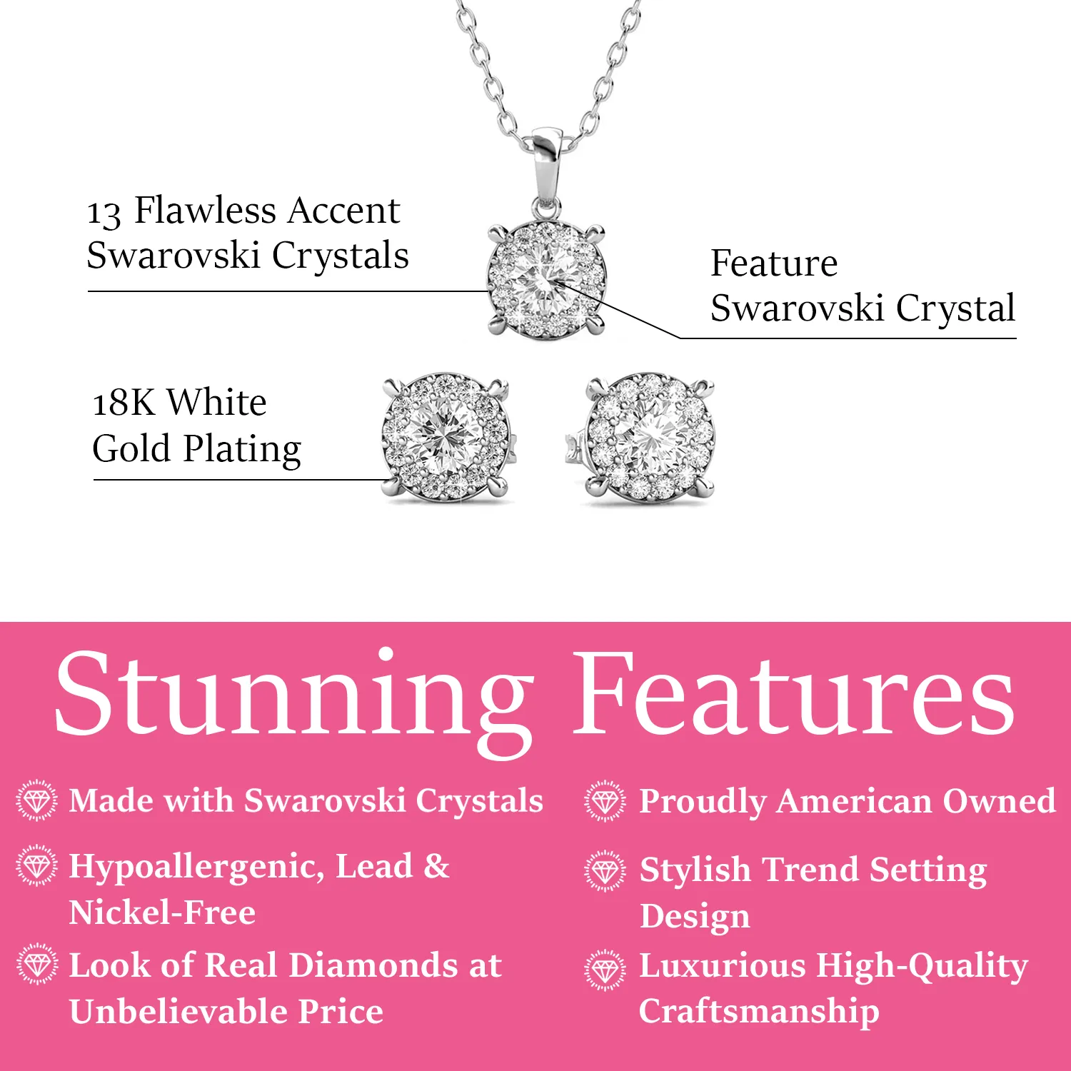 Raylee 18k White Gold Plated Necklace and Earrings Jewelry Set with Round Cut Solitaire Swarovski Crystals