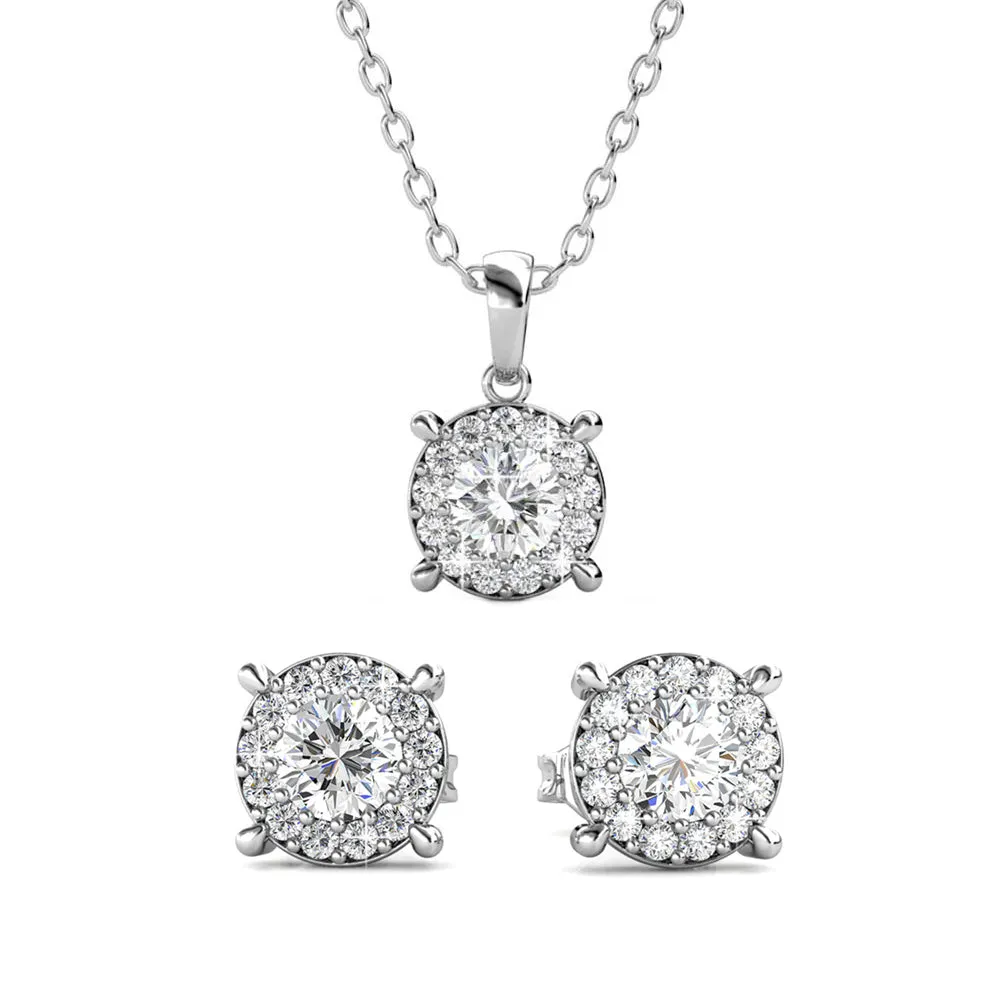 Raylee 18k White Gold Plated Necklace and Earrings Jewelry Set with Round Cut Solitaire Swarovski Crystals