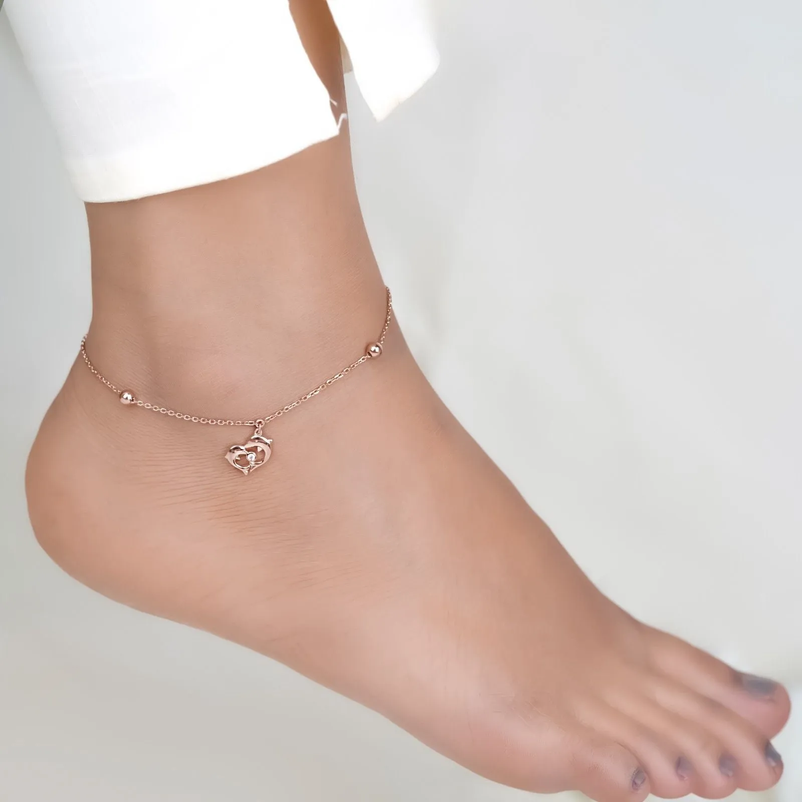 Rose Gold Dolphin Heart Love Anklet