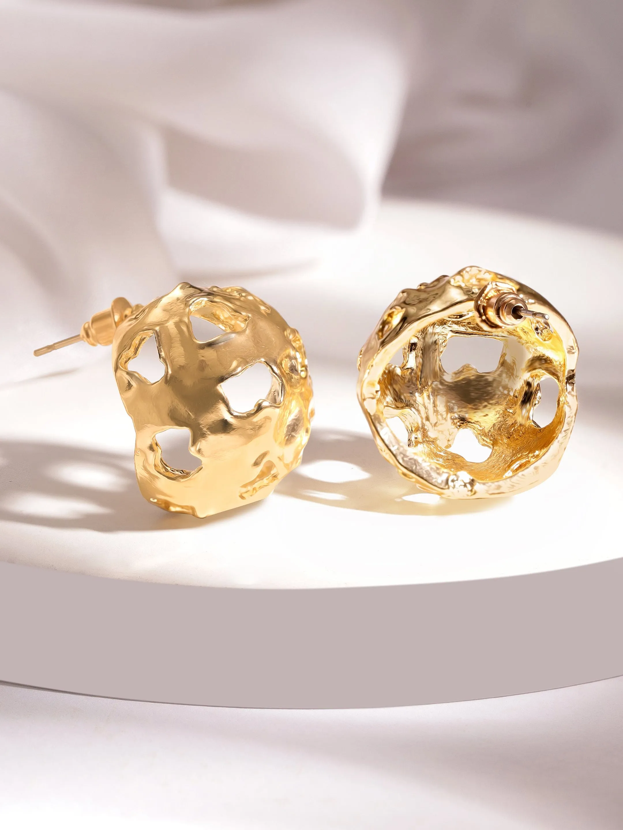 Rubans 18K Gold Plated Openwork Round Stud Earrings with Intricate Artistic Design