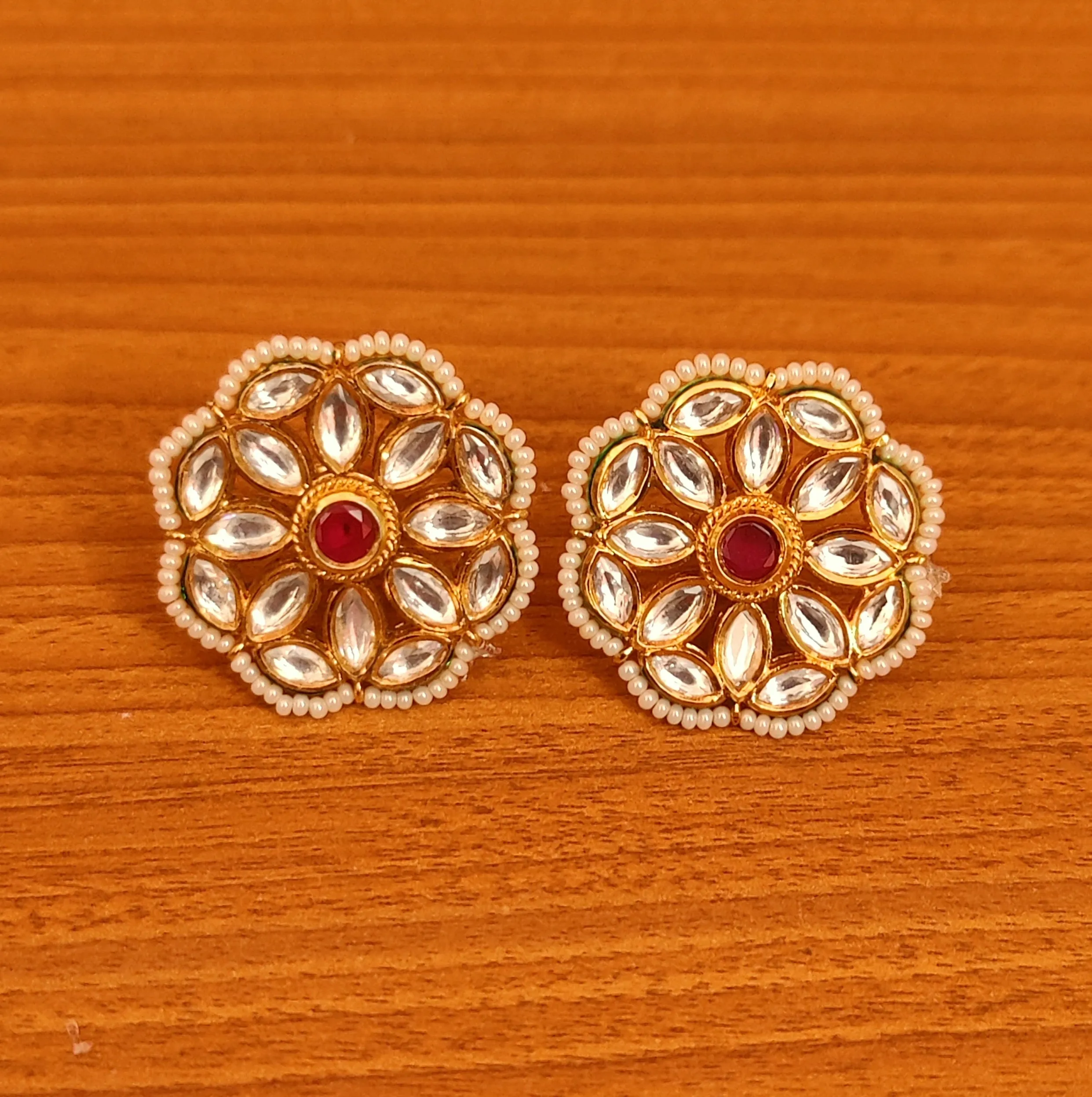 RUBY & PEARL KUNDAN MEENAKARI FINE STUDS