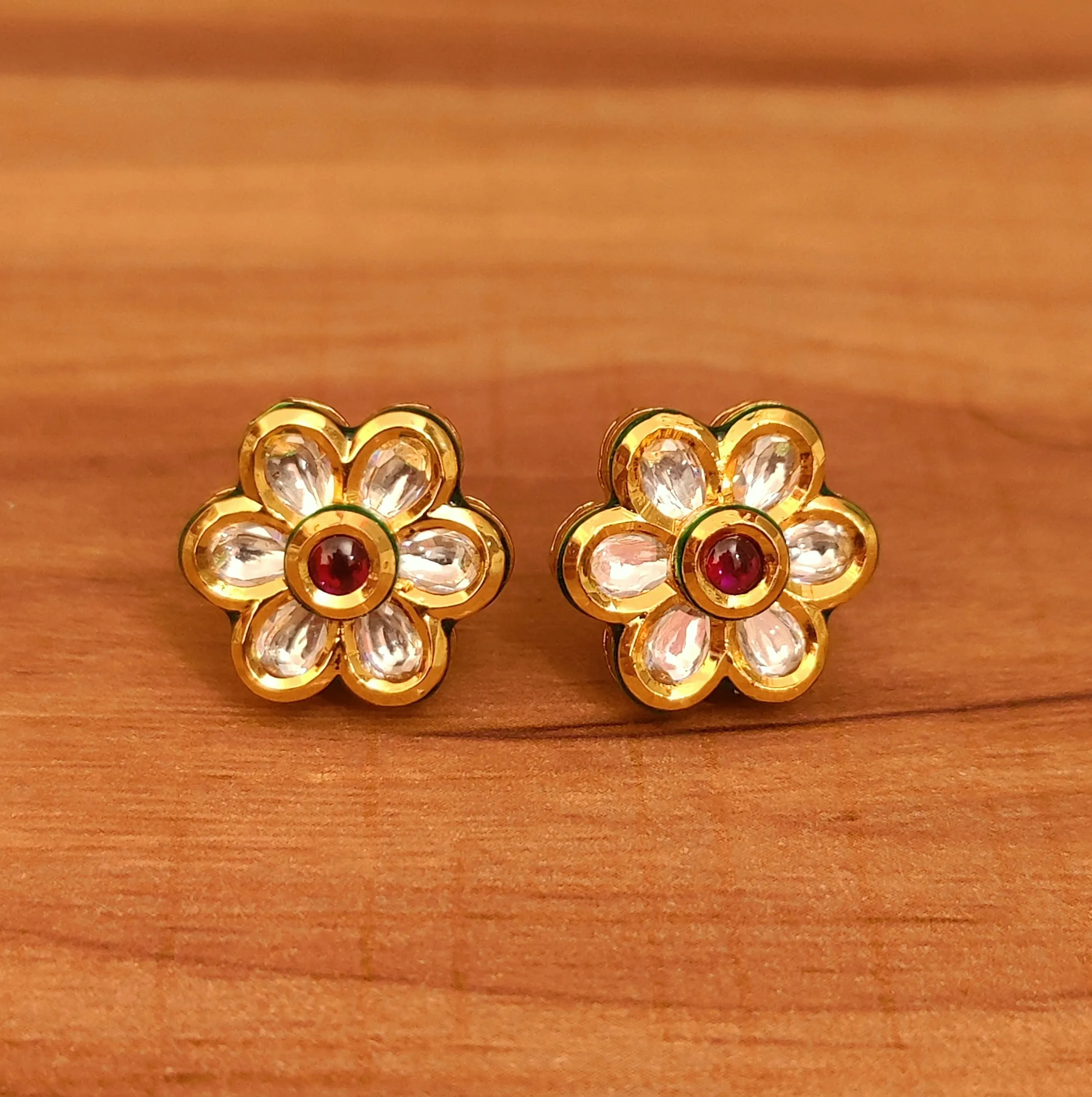 RUBY KUNDAN POLKI GOLD PALTED STUDS