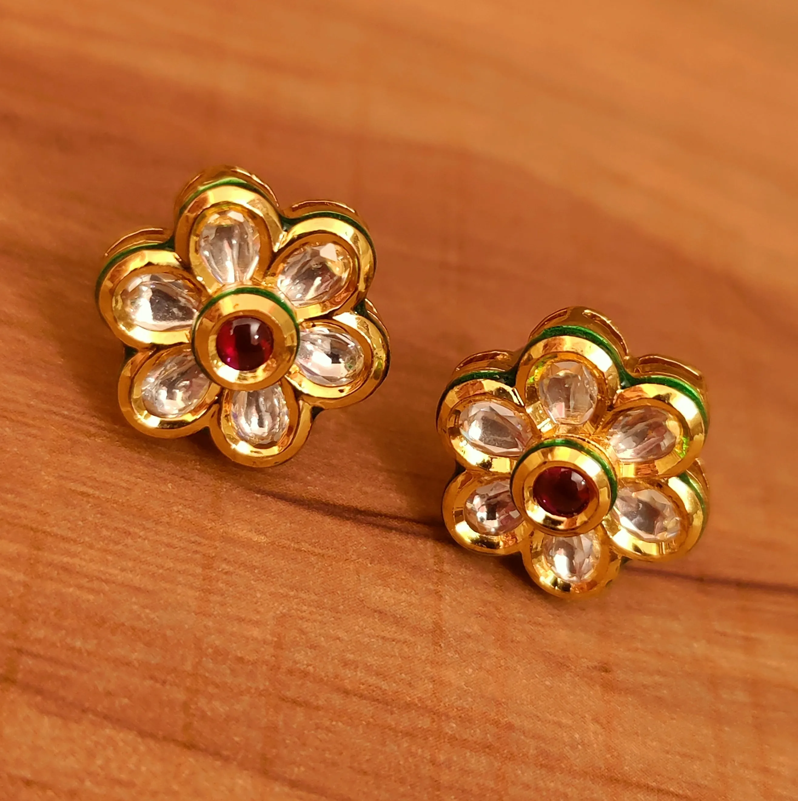 RUBY KUNDAN POLKI GOLD PALTED STUDS