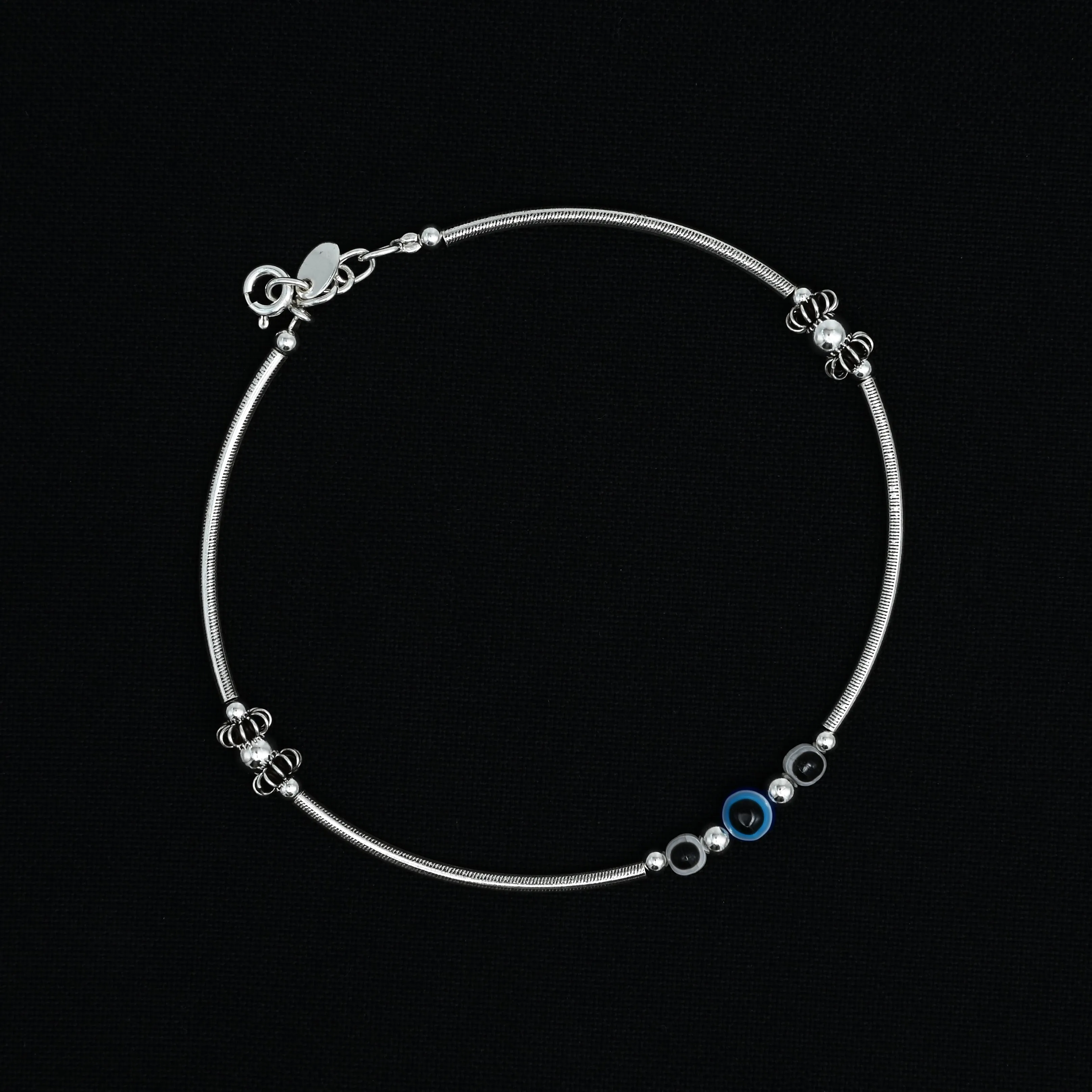 Silver Center Blue and Black Evil Eye Anklet for Girls