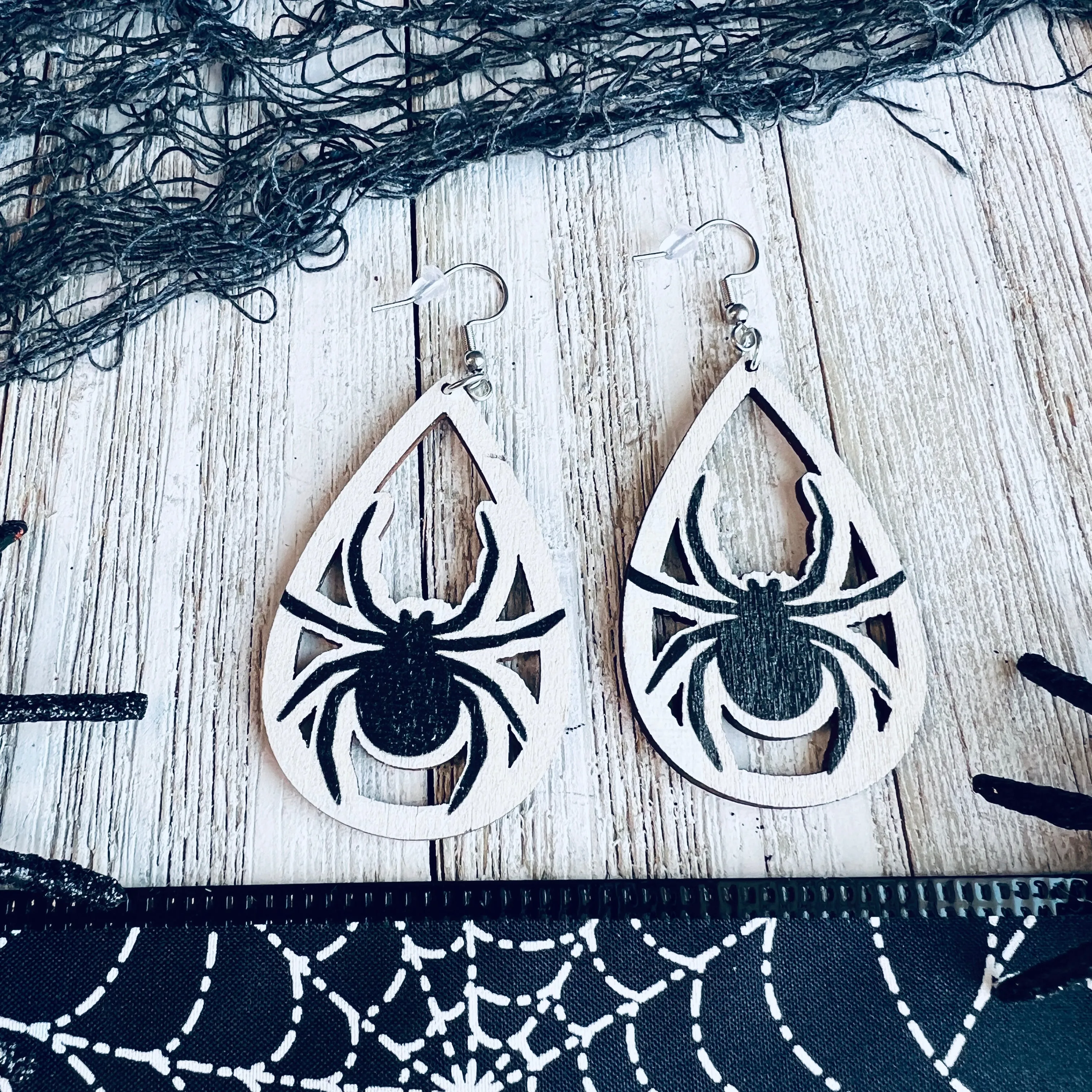 Spooky Spider Wooden Drop Ear Bling