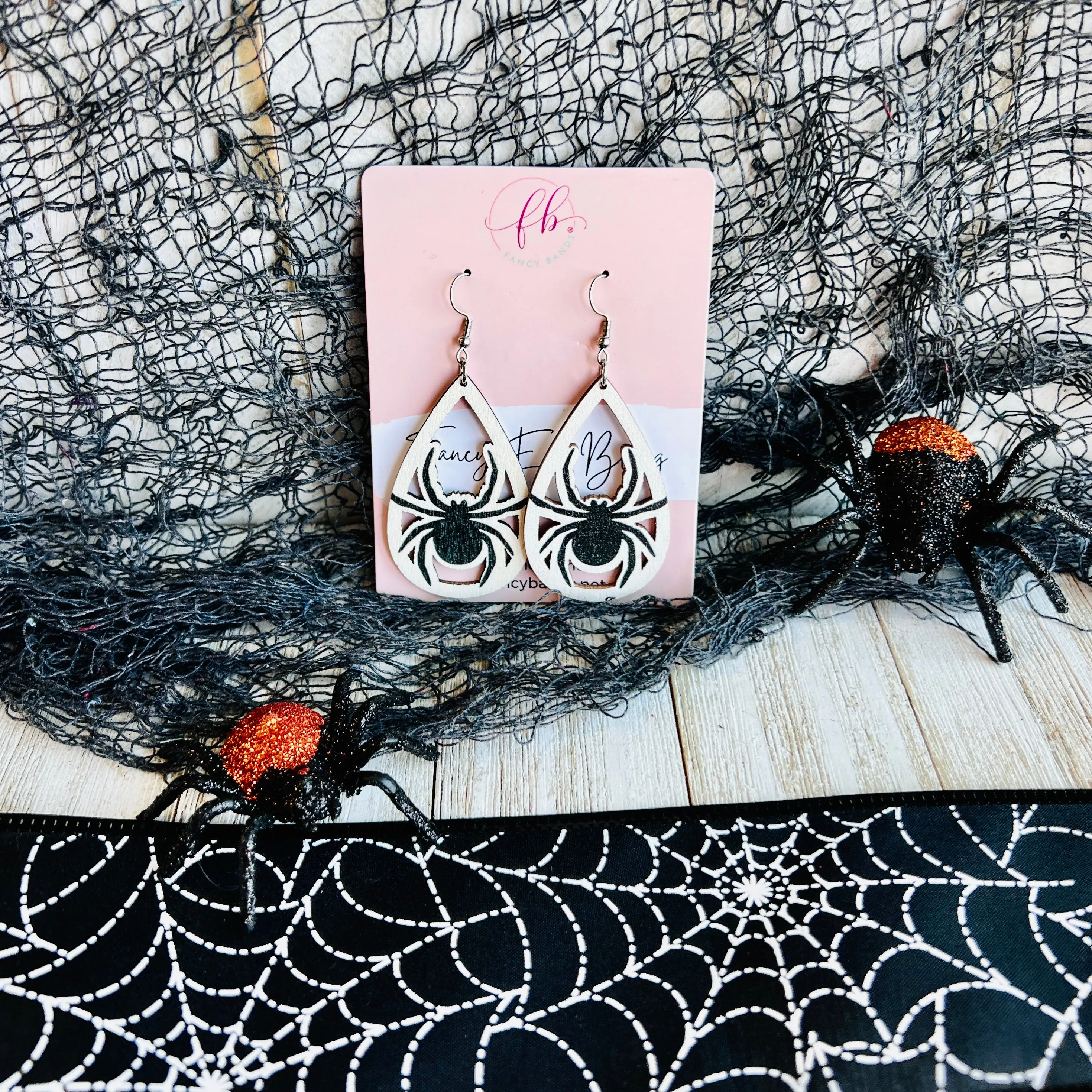 Spooky Spider Wooden Drop Ear Bling