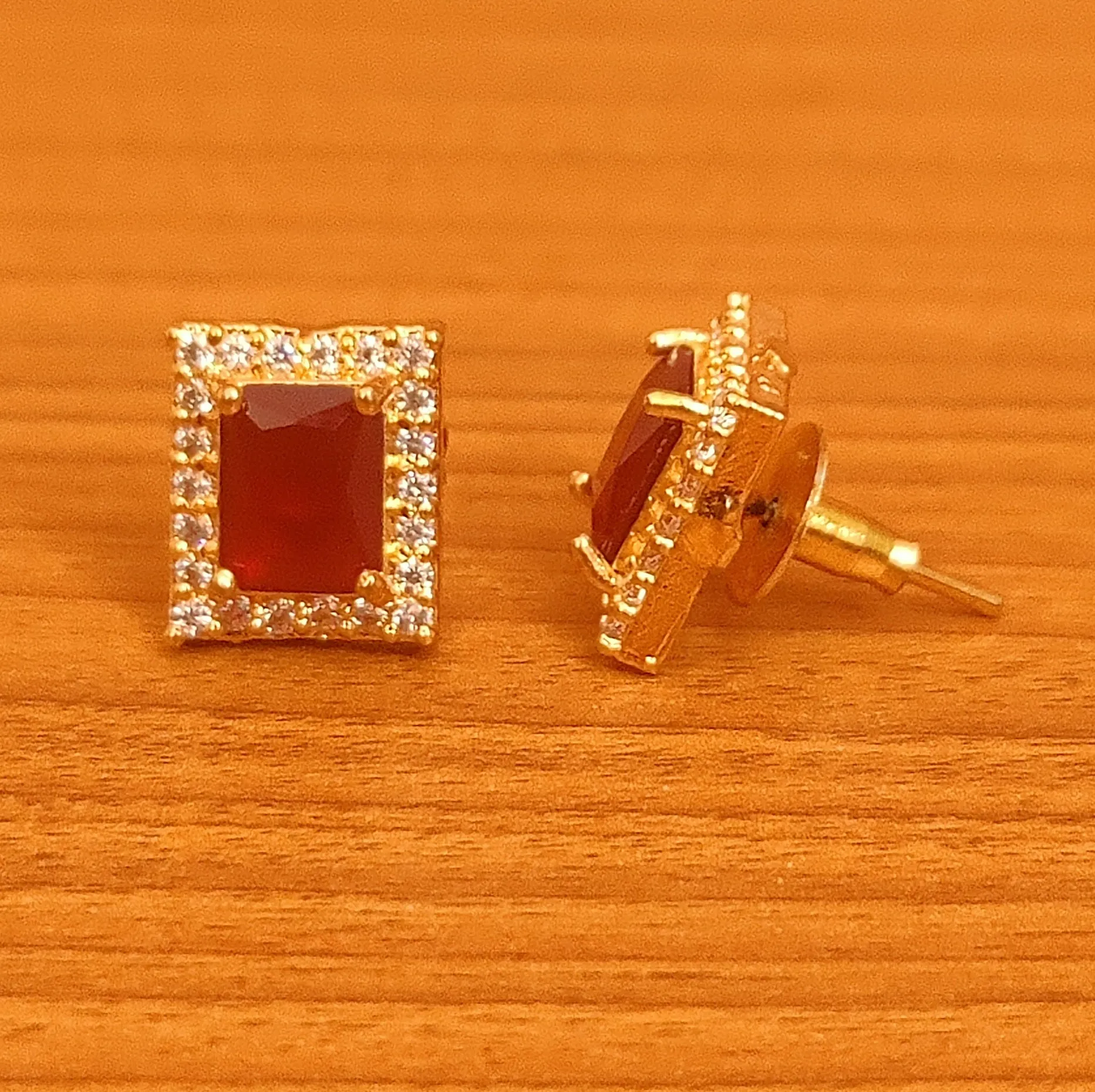 SQUARE SHAPE DIAMOND LOOK RUBY STUDS
