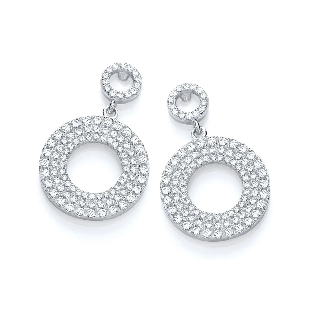 Sterling Silver Double Circle Pave CZ Drop Earrings