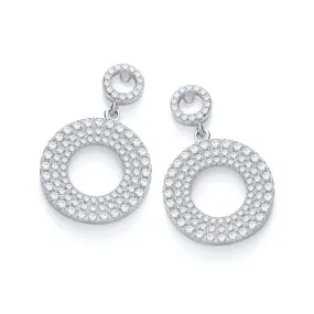 Sterling Silver Double Circle Pave CZ Drop Earrings