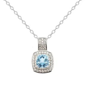 Sterling Silver Gemstone Blue Topaz & CZ Cushion Pendant