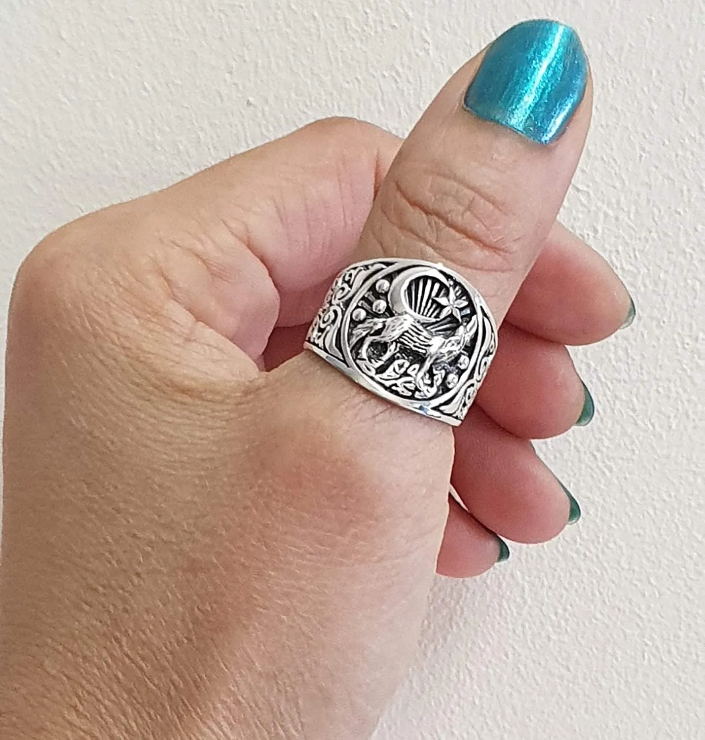 Sterling Silver Howling Wolf And Crescent Moon Ring For Men and Women