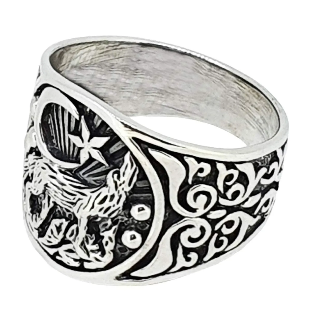 Sterling Silver Howling Wolf And Crescent Moon Ring For Men and Women