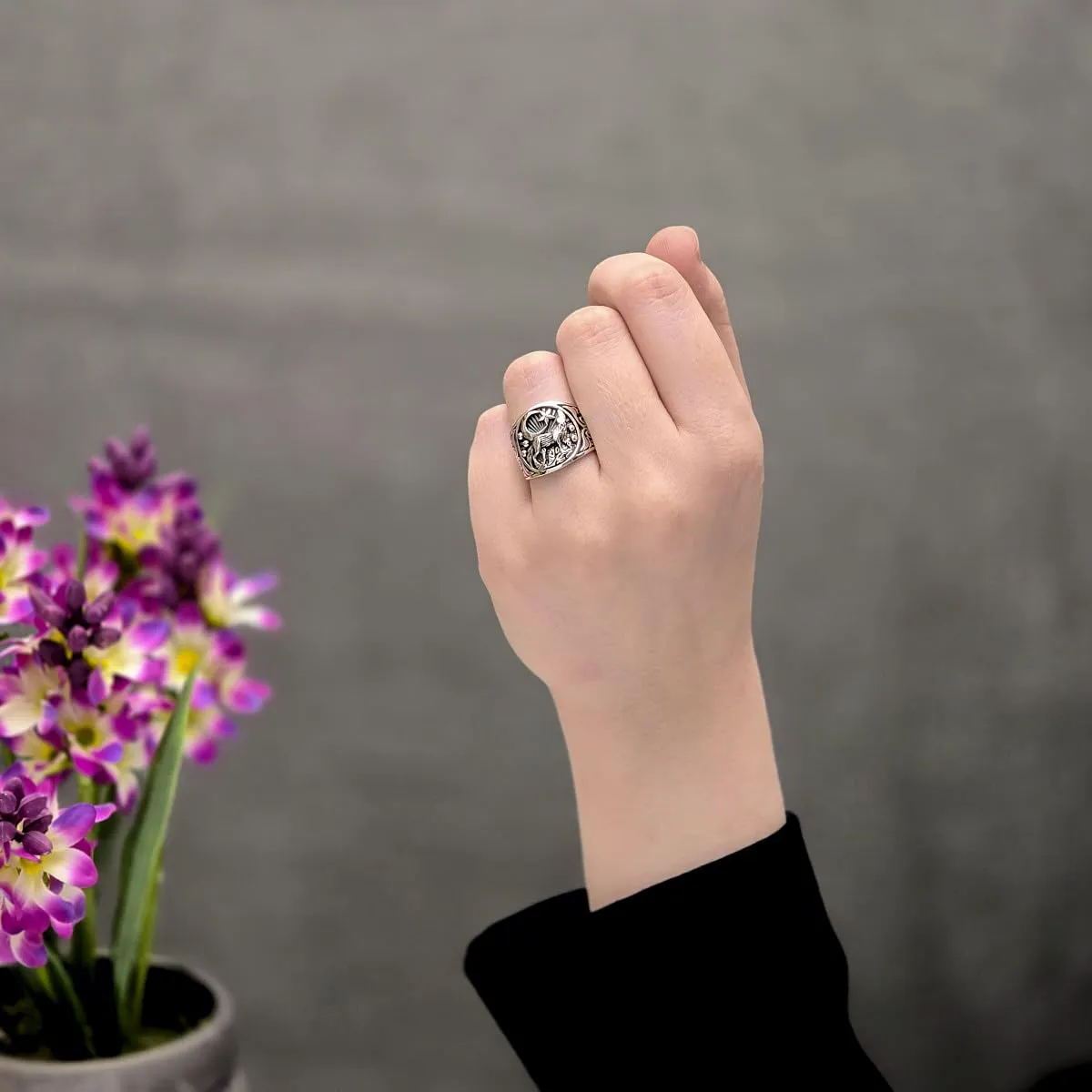 Sterling Silver Howling Wolf And Crescent Moon Ring For Men and Women