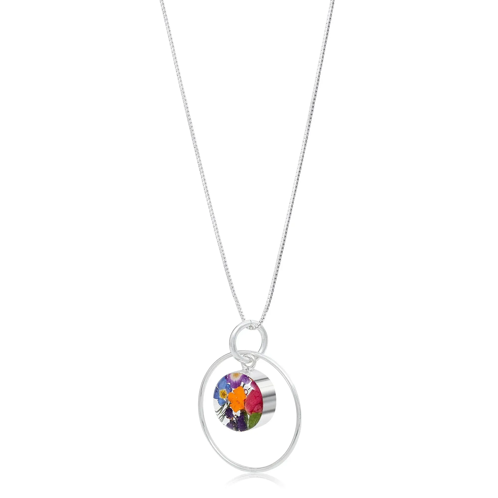 Sterling Silver Necklace with real flowers. Circle surround mixed flower Pendant