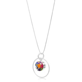 Sterling Silver Necklace with real flowers. Circle surround mixed flower Pendant