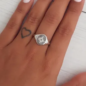 Sterling Silver Signet Ring, Sun Flower Signet Ring Women, Sun Jewelry, Rings for Woman, Statement Ring, Open Adjustable Ring, Size 6 - 9.5