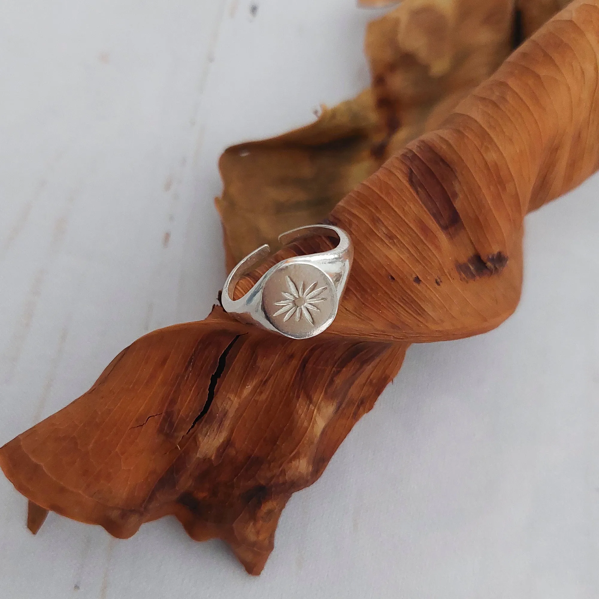Sterling Silver Signet Ring, Sun Flower Signet Ring Women, Sun Jewelry, Rings for Woman, Statement Ring, Open Adjustable Ring, Size 6 - 9.5
