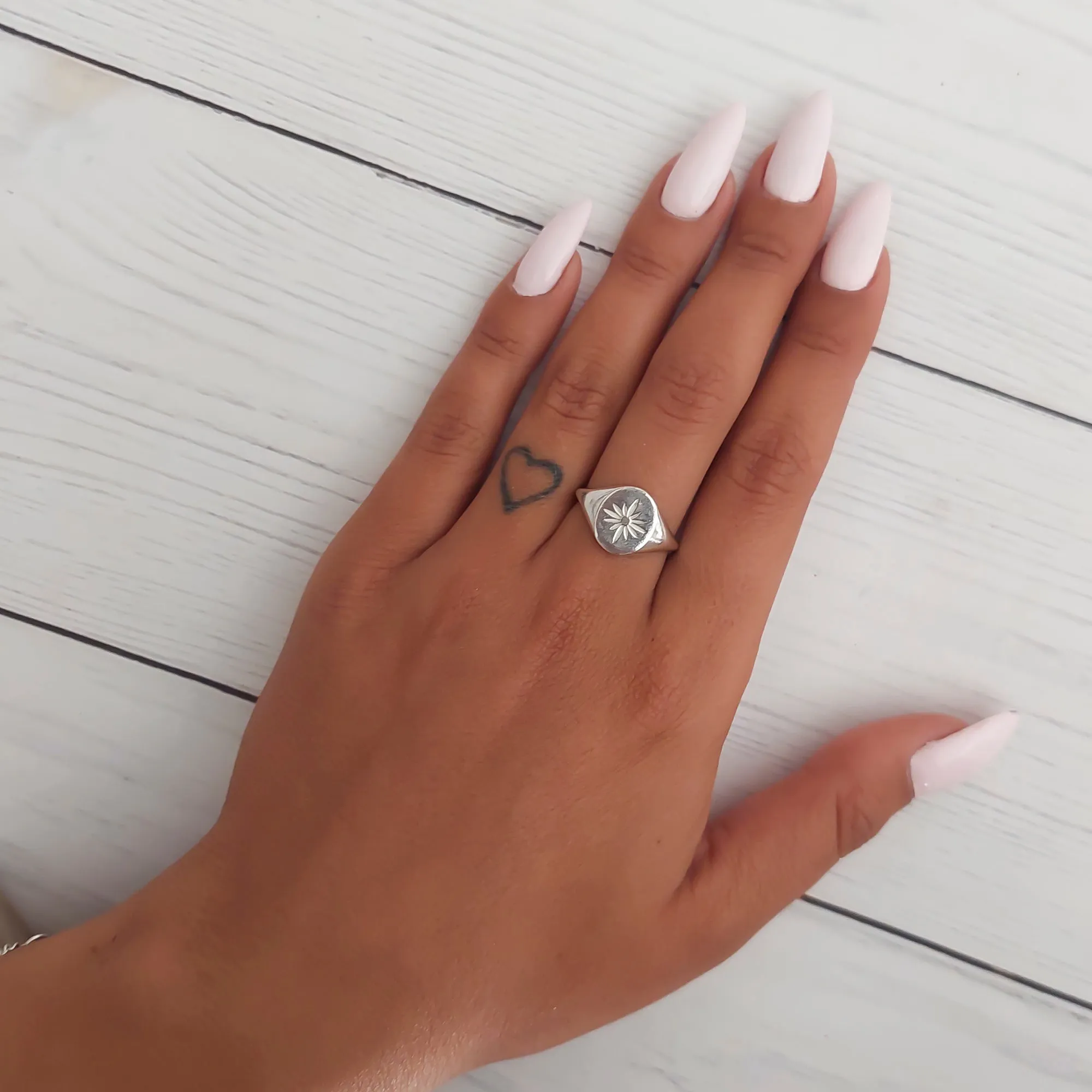Sterling Silver Signet Ring, Sun Flower Signet Ring Women, Sun Jewelry, Rings for Woman, Statement Ring, Open Adjustable Ring, Size 6 - 9.5