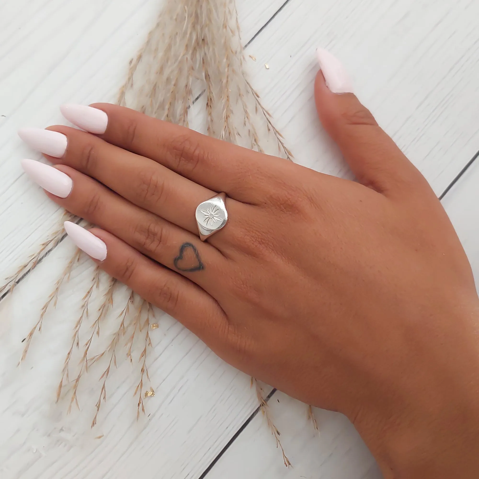 Sterling Silver Signet Ring, Sun Flower Signet Ring Women, Sun Jewelry, Rings for Woman, Statement Ring, Open Adjustable Ring, Size 6 - 9.5