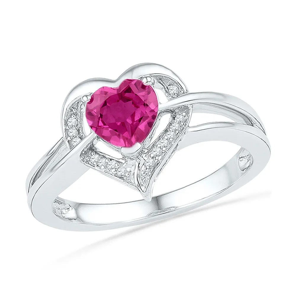 Sterling Silver Womens Round Lab-Created Pink Sapphire Heart Diamond Ring