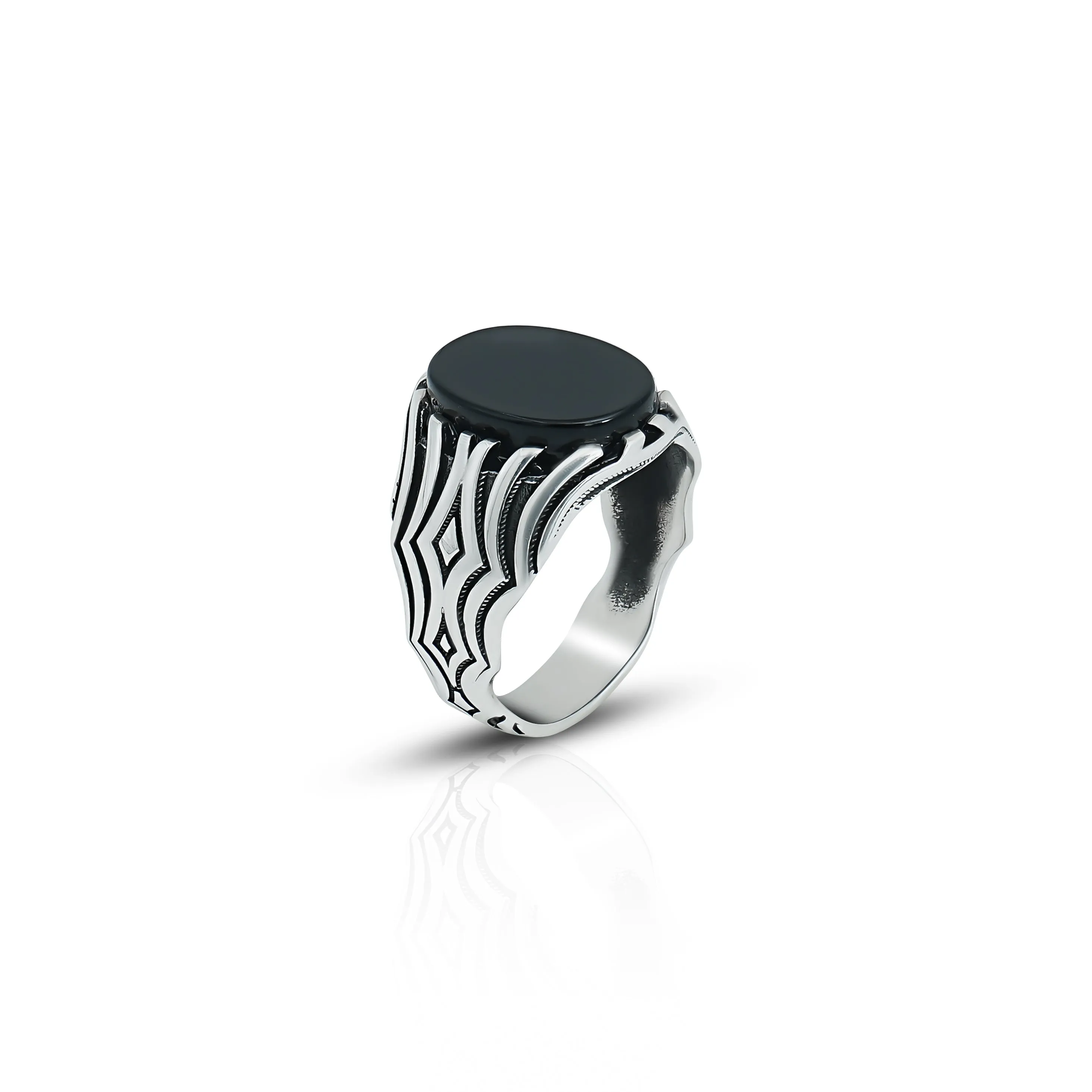 Stylish Oval Shape Black Stone Silver Ring