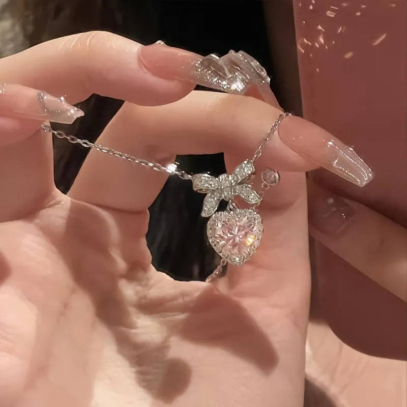 Sweet Charming Pink Crystal Bowknot Heart Necklace