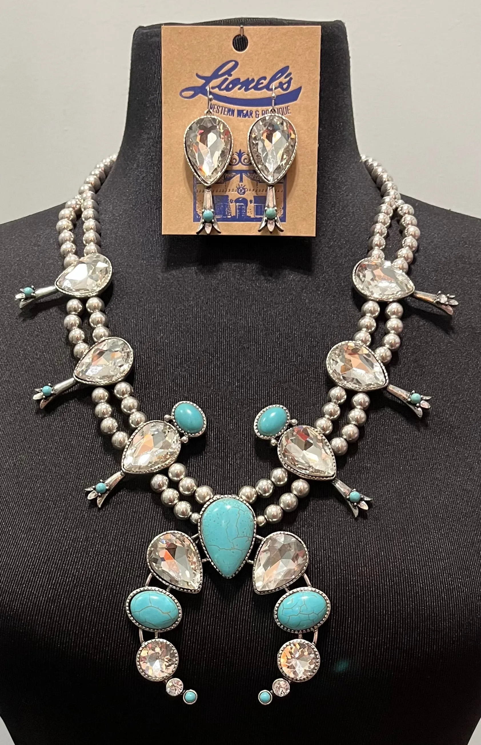 Teardrop Clear Crystal & Turquoise Squash Blossom Necklace Set