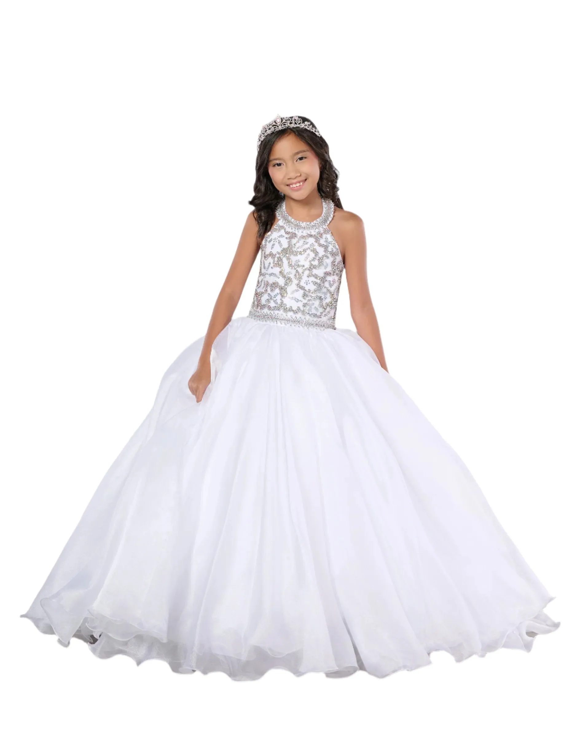 Tiffany Princess 13786 Size 10 White Girls Pageant Dress Crystal Bodice Ballgown A Line High Neck Formal
