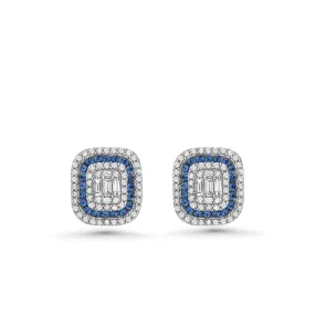 Triple Halo Diamonds & Blue Sapphire Rectangular Shape Studs Earrings (1.00 ct.) in 14K Gold
