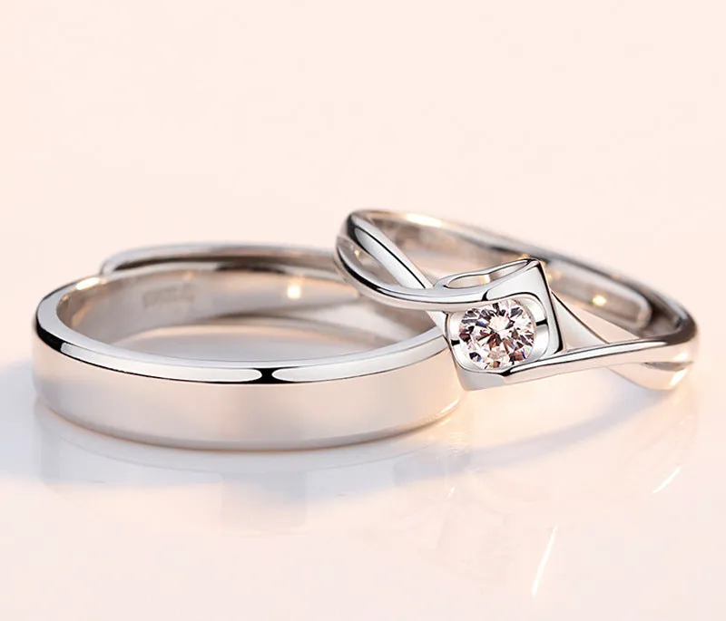 Two Colour Heart with Zircon Silver Couple Ring