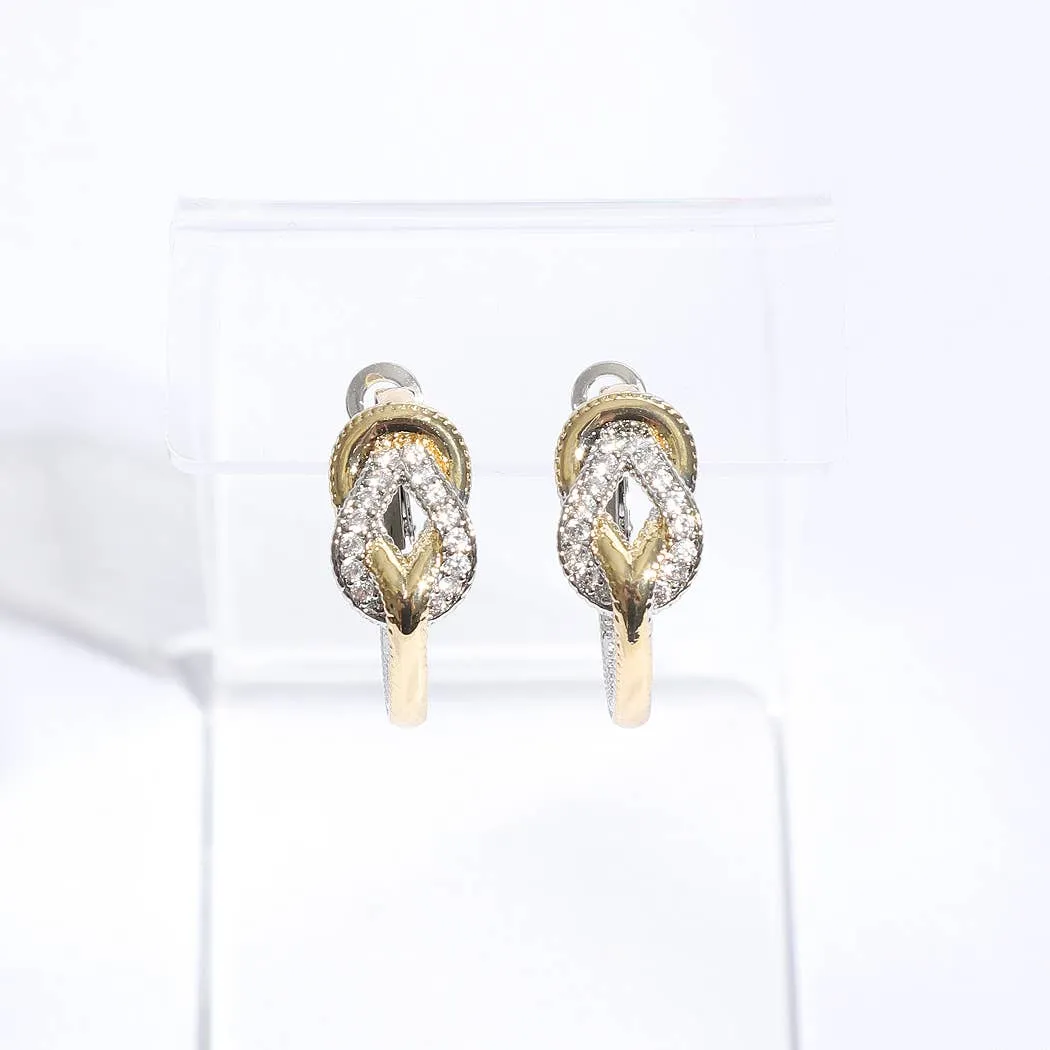 Two-Toned CZ Pave Knotted Huggie Hoop Earrings