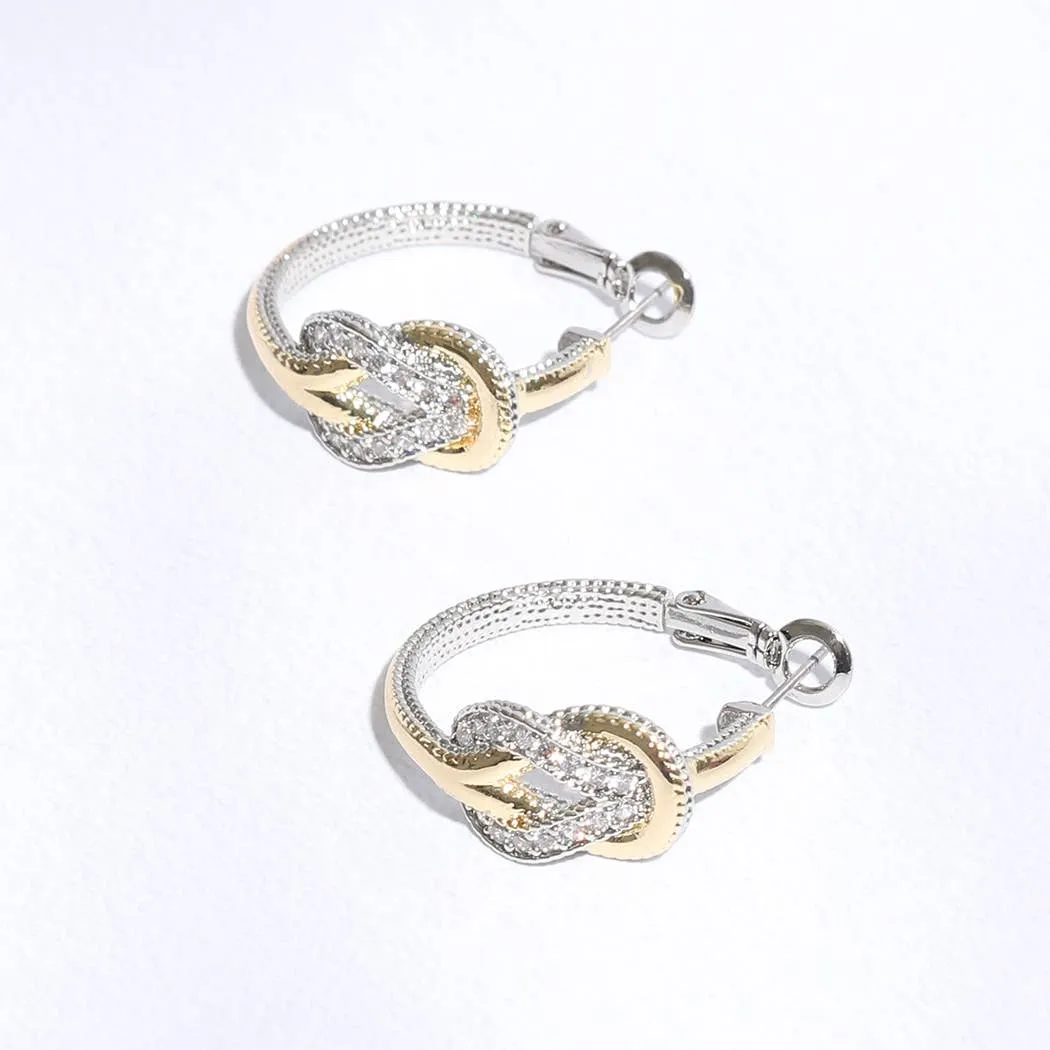 Two-Toned CZ Pave Knotted Huggie Hoop Earrings