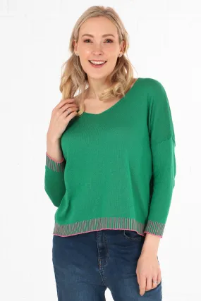 V-Neck Cotton Jumper Contrast Stitch Edge in Green Fuchsia