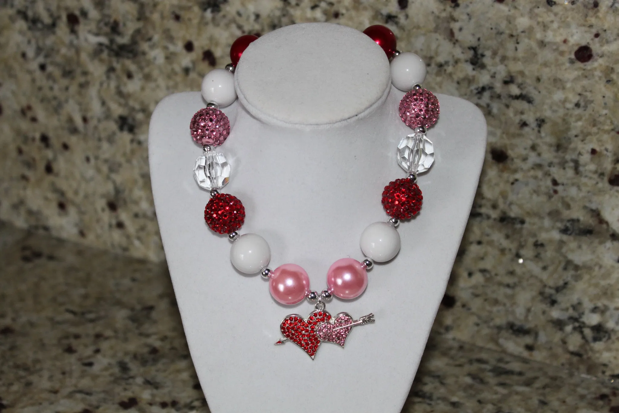 Valentines Day Double Heart Girls Chunky Bubblegum Necklace/Bracelet Set  Red, Pink and White