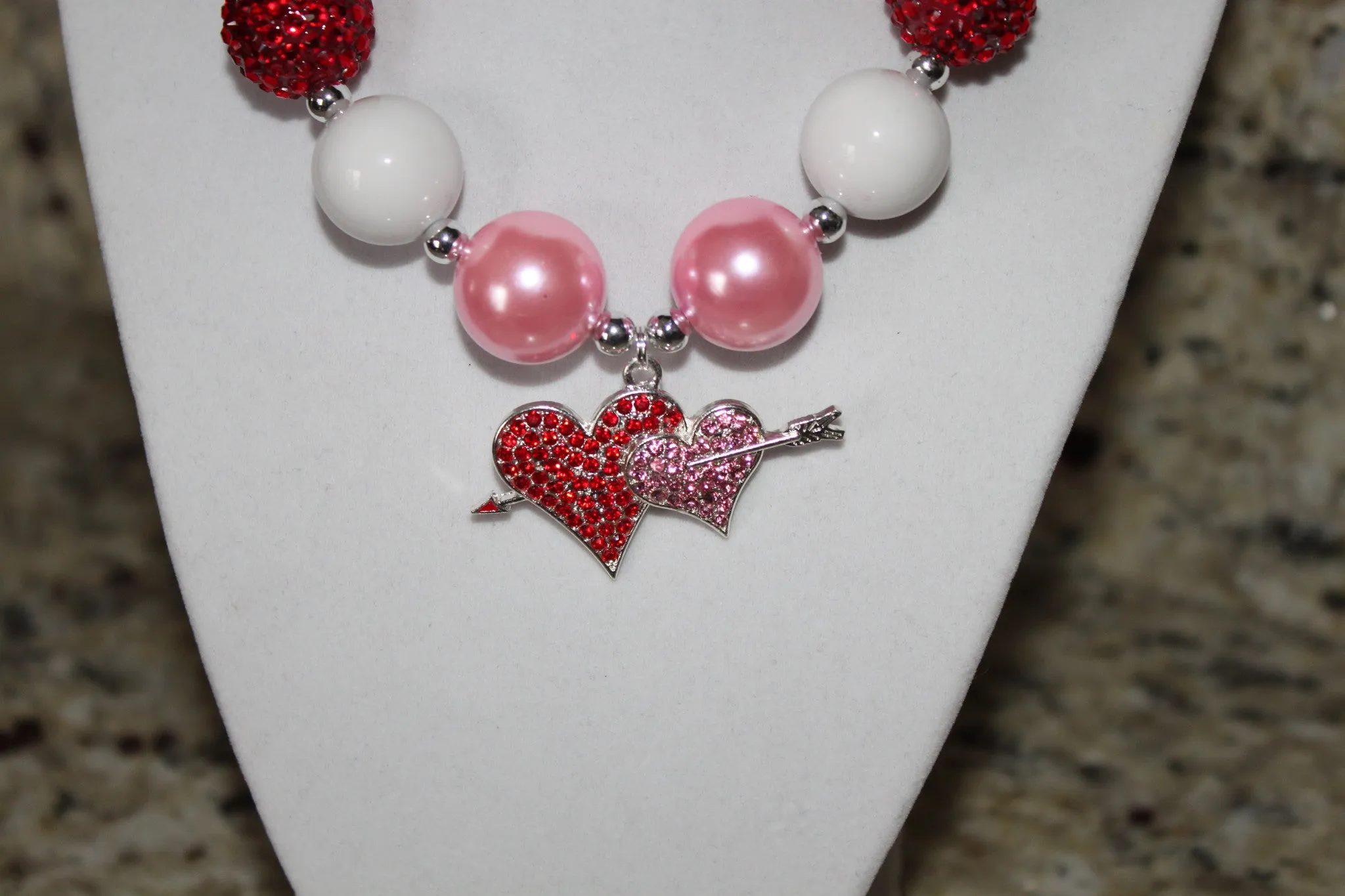 Valentines Day Double Heart Girls Chunky Bubblegum Necklace/Bracelet Set  Red, Pink and White