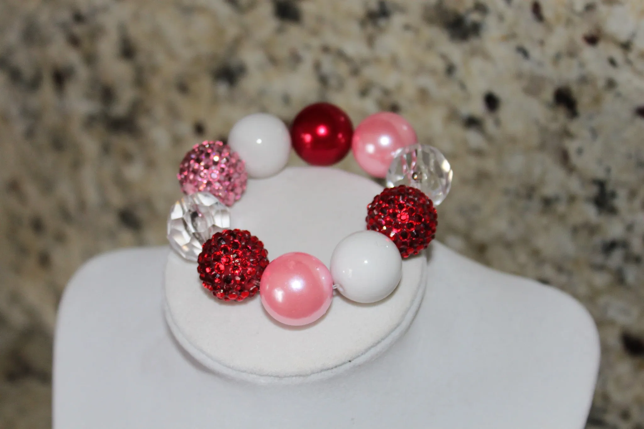 Valentines Day Double Heart Girls Chunky Bubblegum Necklace/Bracelet Set  Red, Pink and White