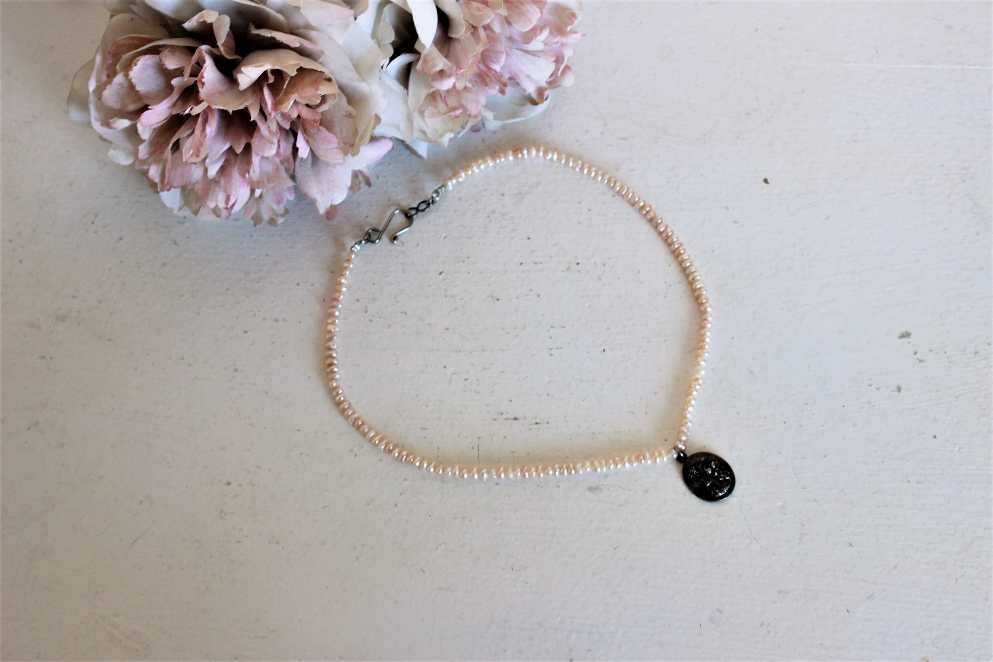 Vintage Pink Seed Pearl Necklace With Cameo