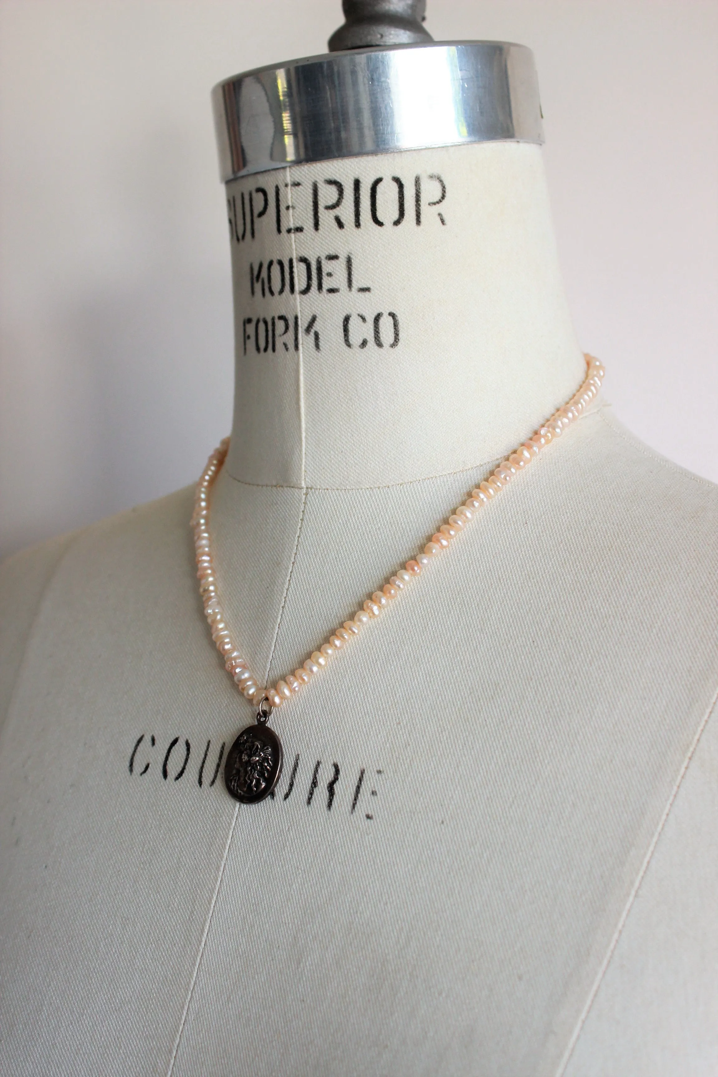 Vintage Pink Seed Pearl Necklace With Cameo