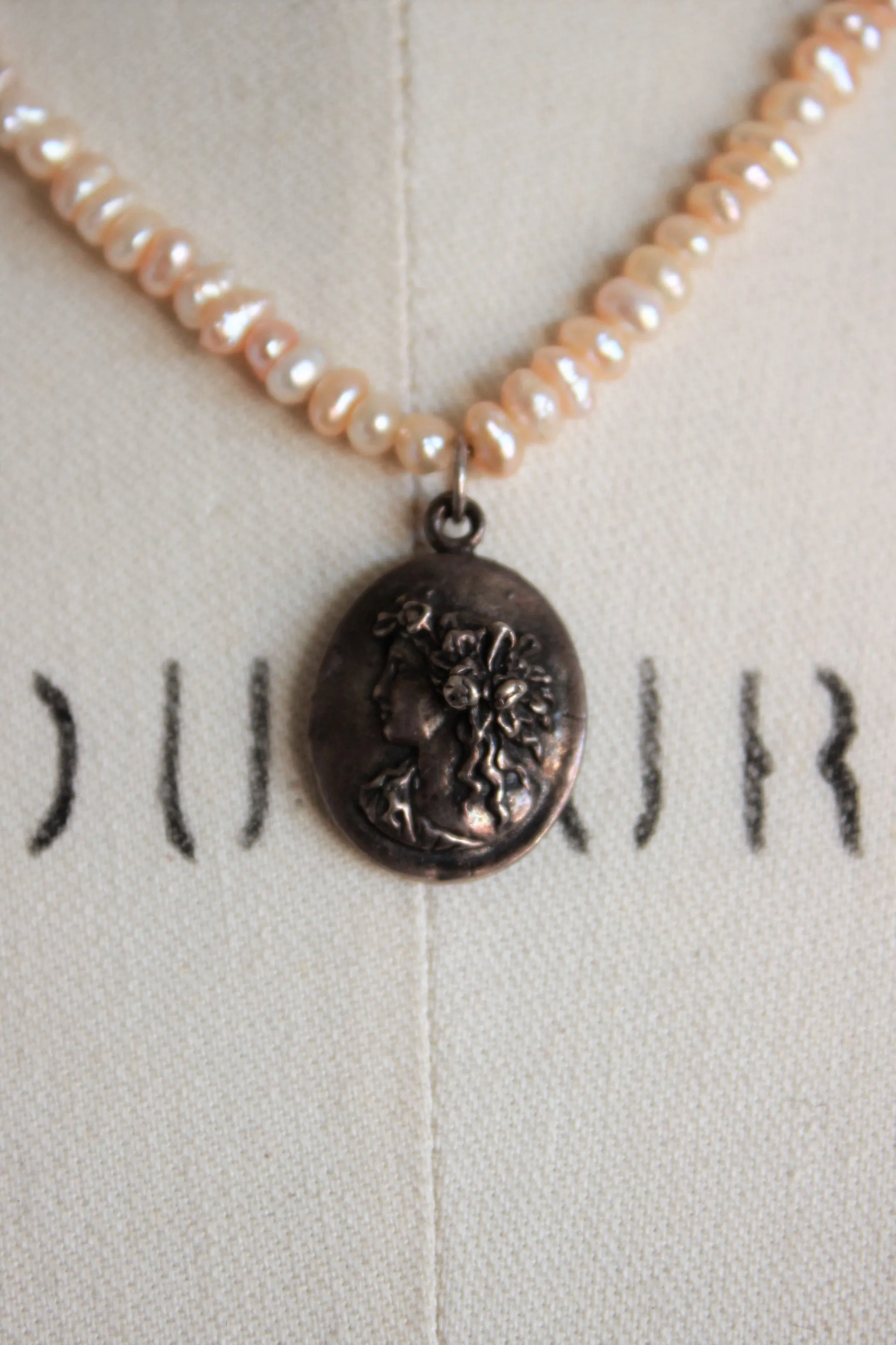 Vintage Pink Seed Pearl Necklace With Cameo